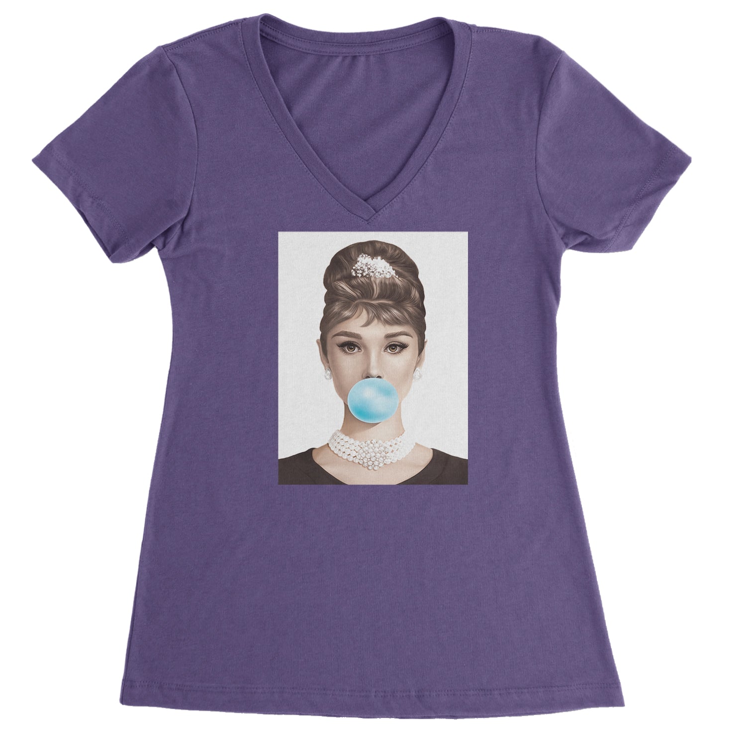 Audrey Hepburn Chewing Bubble Gum American Icon Ladies V-Neck T-shirt Purple