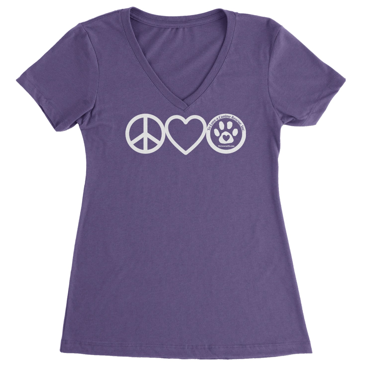 Peace, Love and TLC Dog Rescue Ladies V-Neck T-shirt Purple