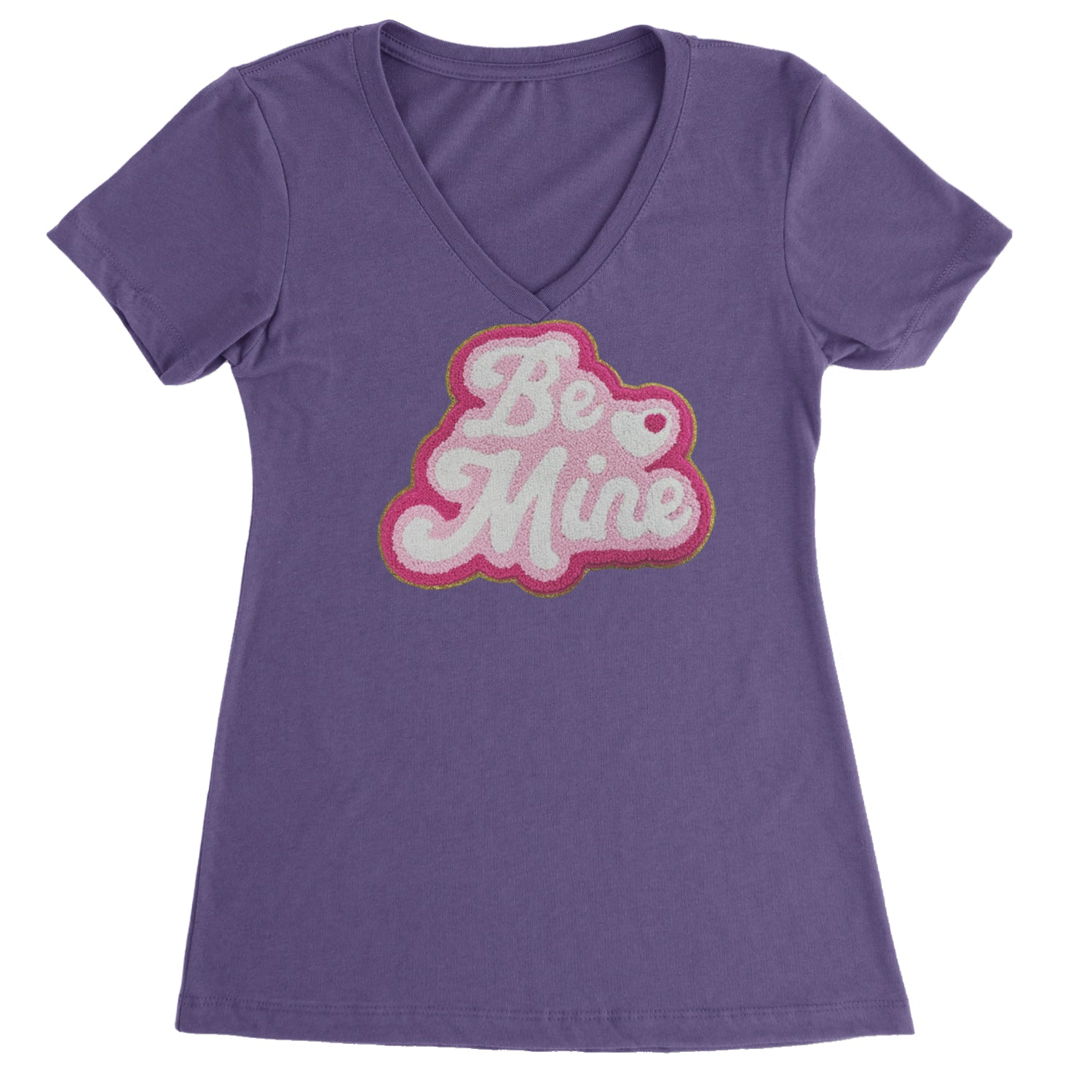 Be Mine Chenille Patch Valentines Days Ladies V-Neck T-shirt Purple