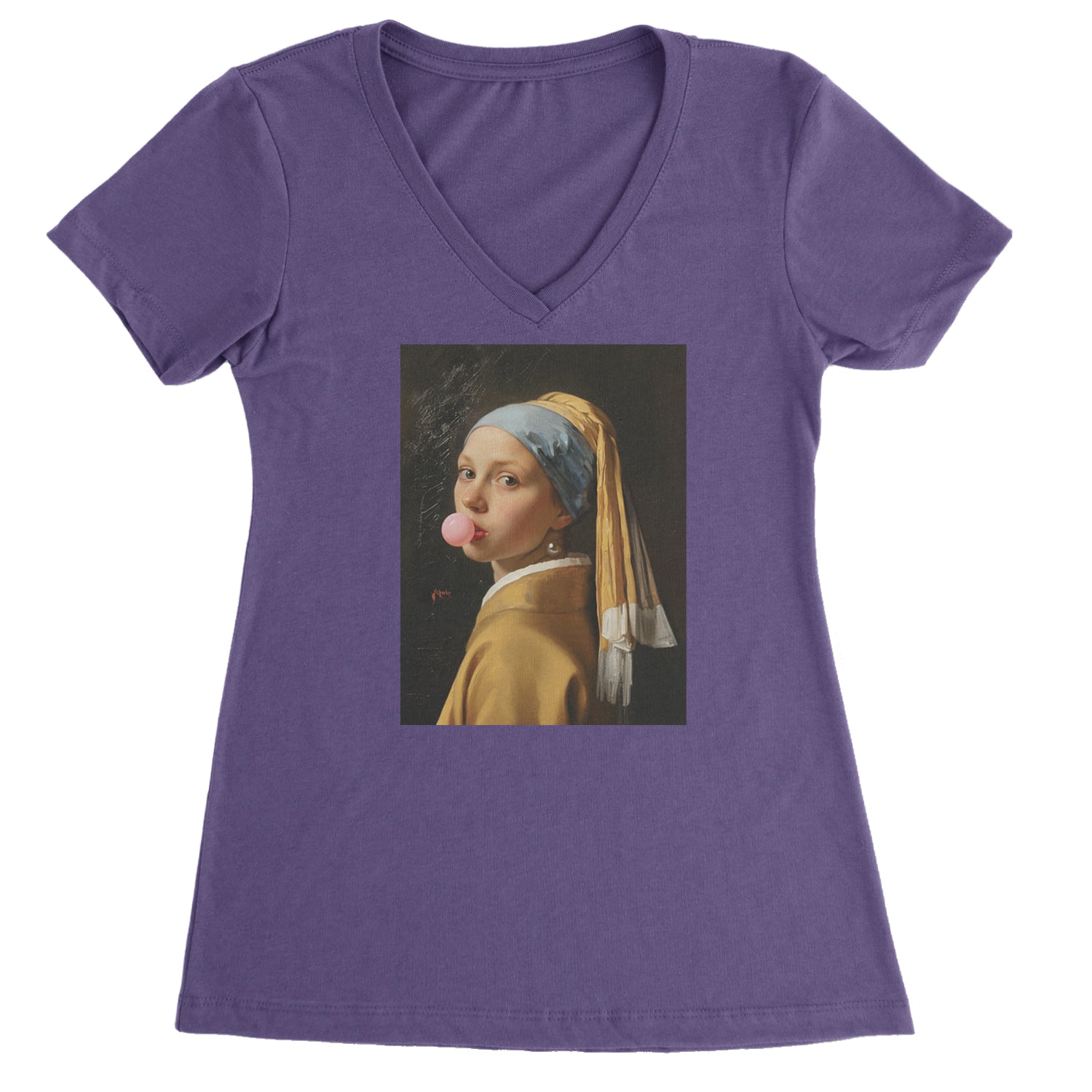 Girl with a Pearl Earring Bubble Gum Contemporary Art Ladies V-Neck T-shirt Purple