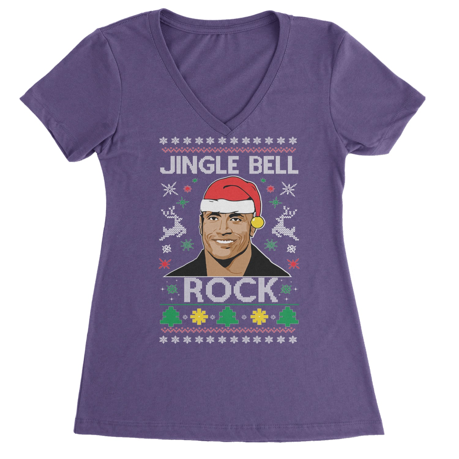 Jingle Bell Rock Ugly Christmas Ladies V-Neck T-shirt Purple