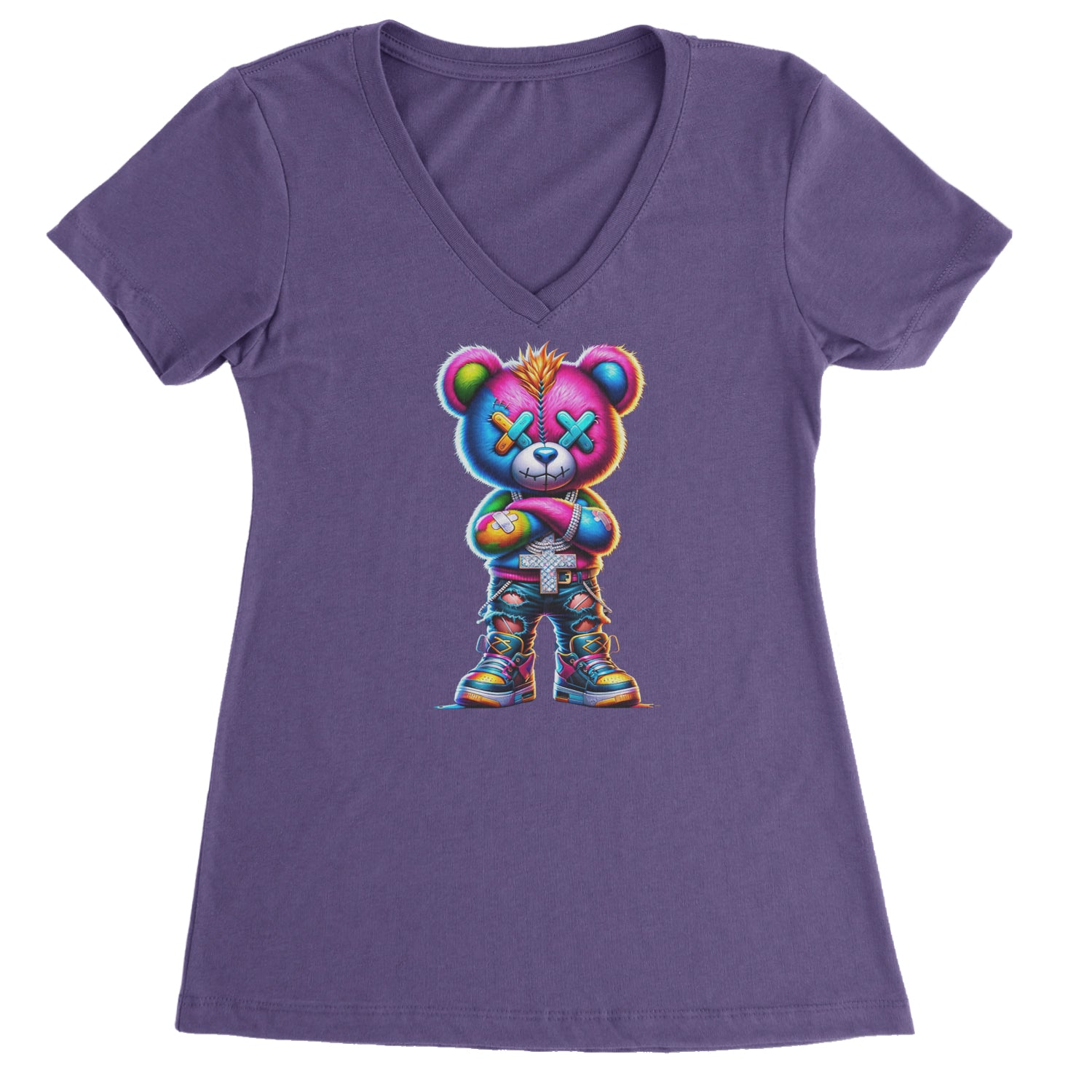 Stitched Neon Urban Graffiti Bear Ladies V-Neck T-shirt Purple
