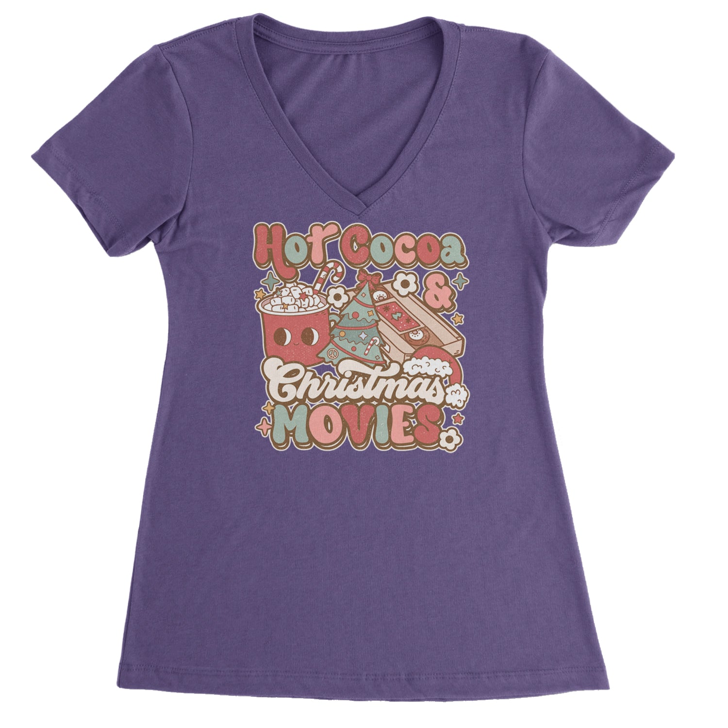 Hot Cocoa And Christmas Movies Holiday Ladies V-Neck T-shirt Purple