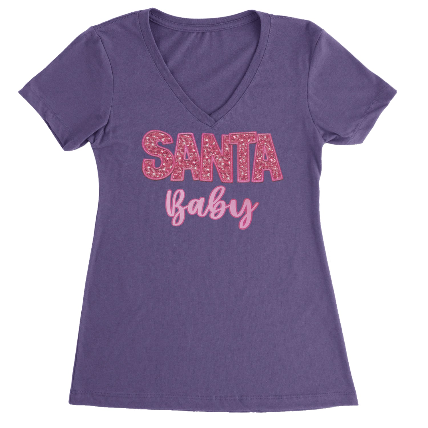 Santa Baby Faux Patch and Sequins Ladies V-Neck T-shirt Purple