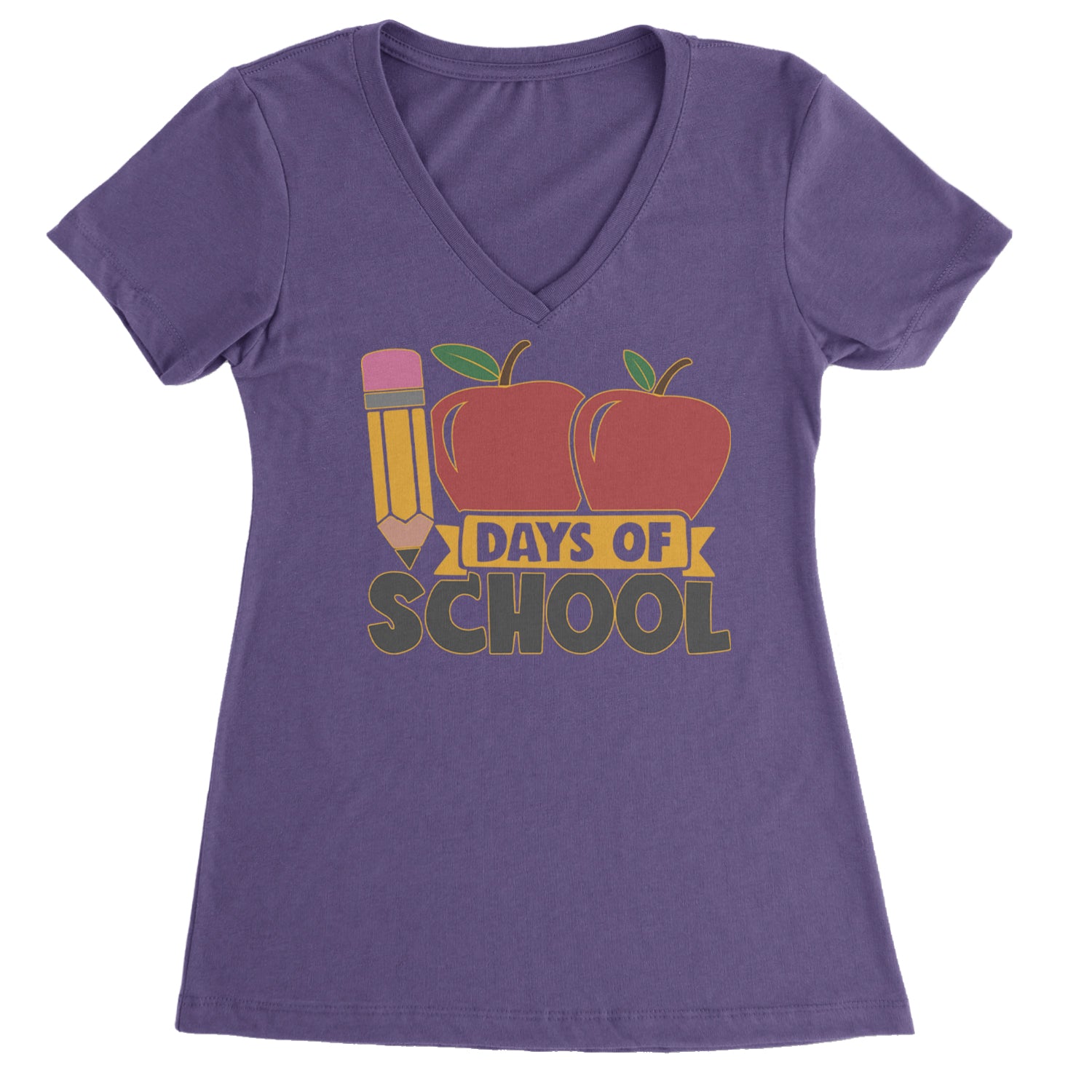 100 Days Of School Apple Pencil Ladies V-Neck T-shirt Purple