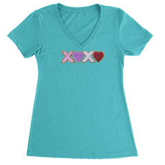 XOXO Chenille Patch Valentines Days Ladies V-Neck T-shirt Surf