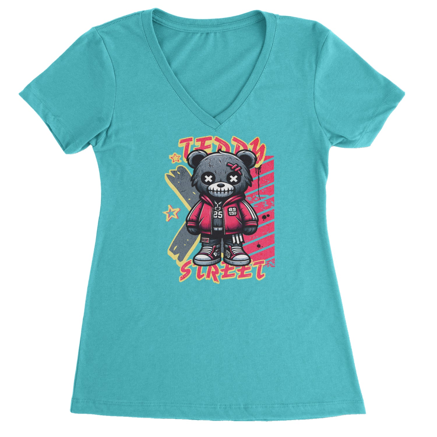 Teddy Attitude Urban Graffiti Bear Ladies V-Neck T-shirt Surf