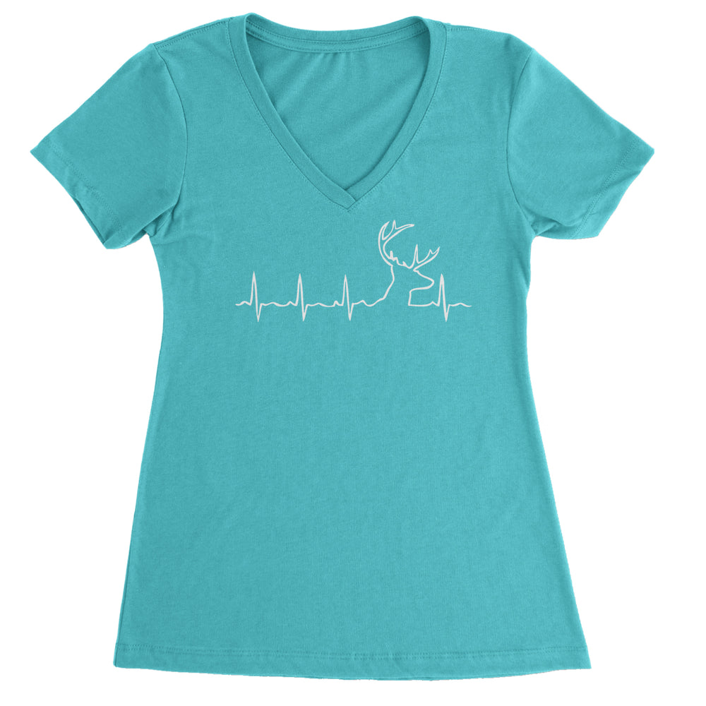 Hunting Heartbeat Deer Hunter Buck Stag Antlers graphic on Women's Lightweight V-Neck T-Shirt in Surf