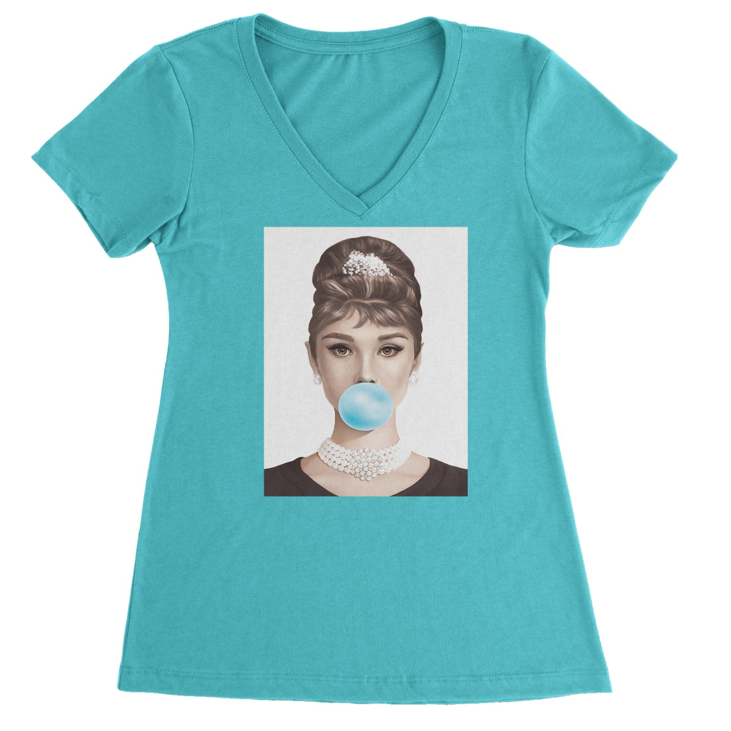 Audrey Hepburn Chewing Bubble Gum American Icon Ladies V-Neck T-shirt Surf