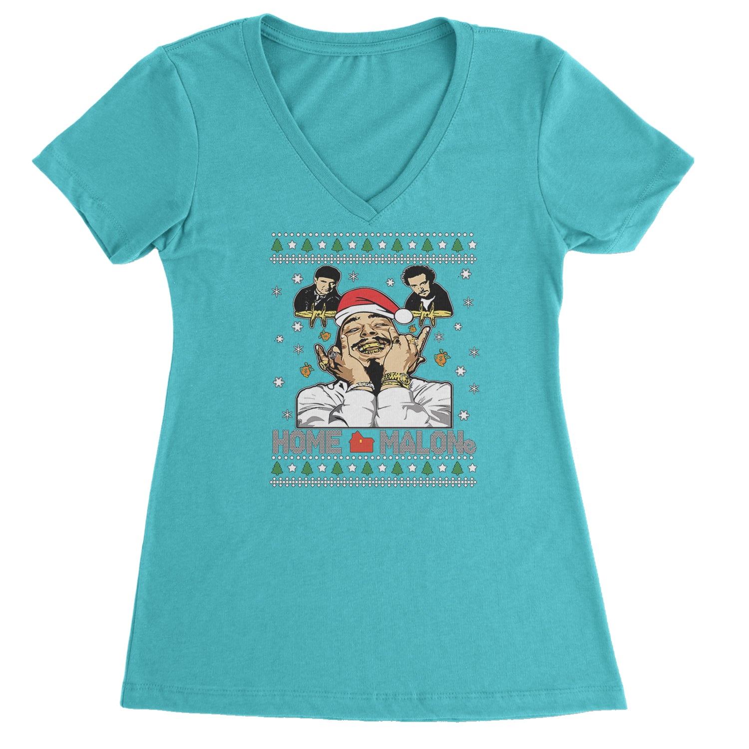 Home Malone Ugly Christmas Ladies V-Neck T-shirt Surf