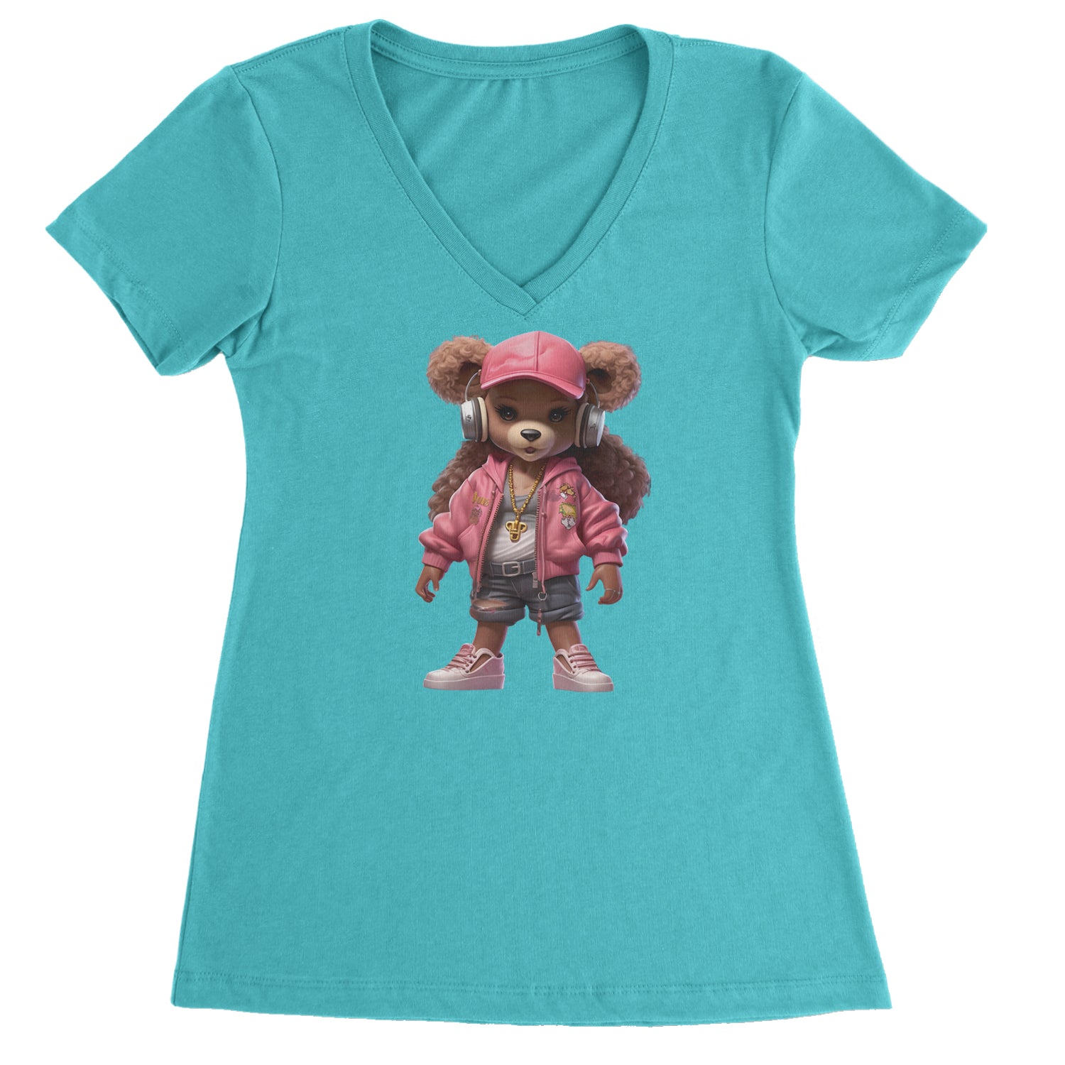Pink Female Urban Graffiti Bear Ladies V-Neck T-shirt Surf