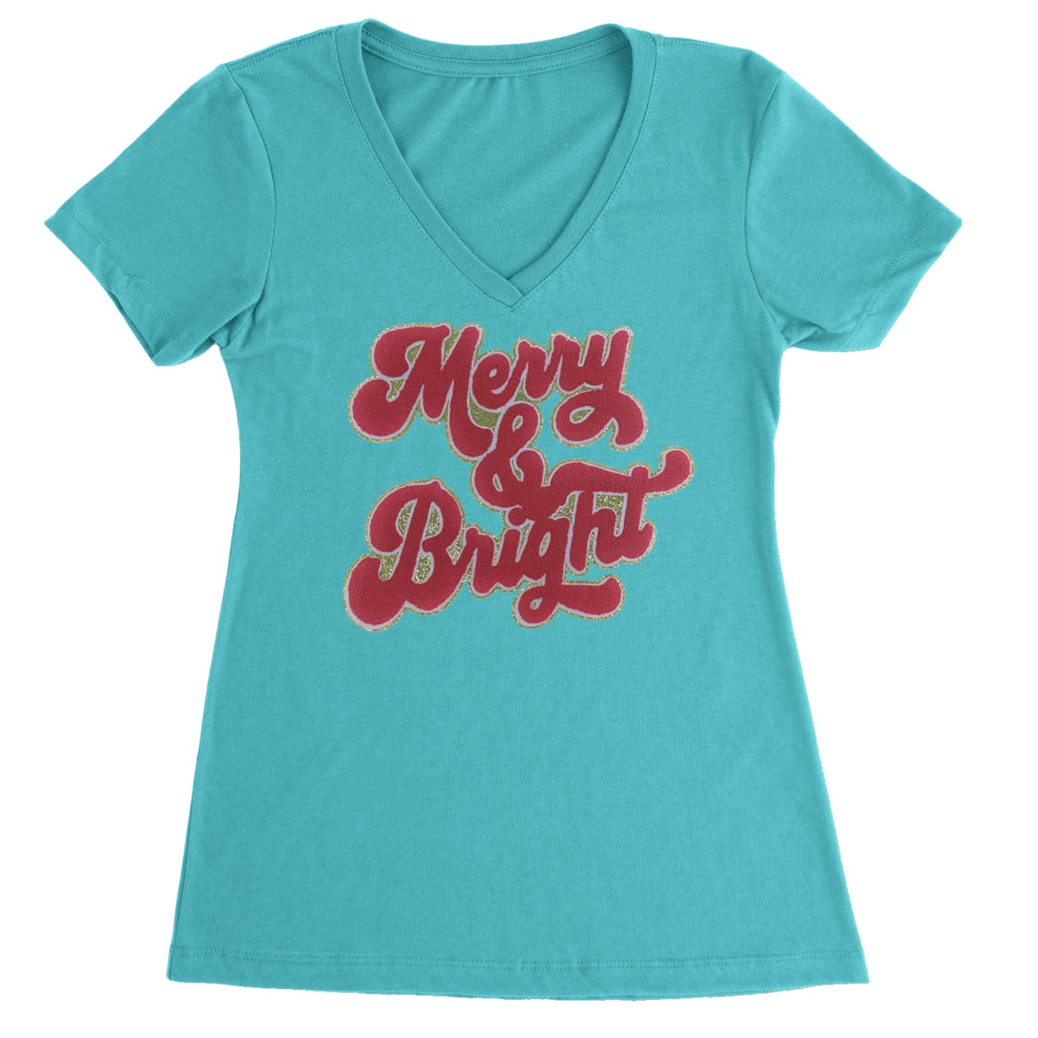 Merry & Bright Chenille Glitter Ladies V-Neck T-shirt Surf