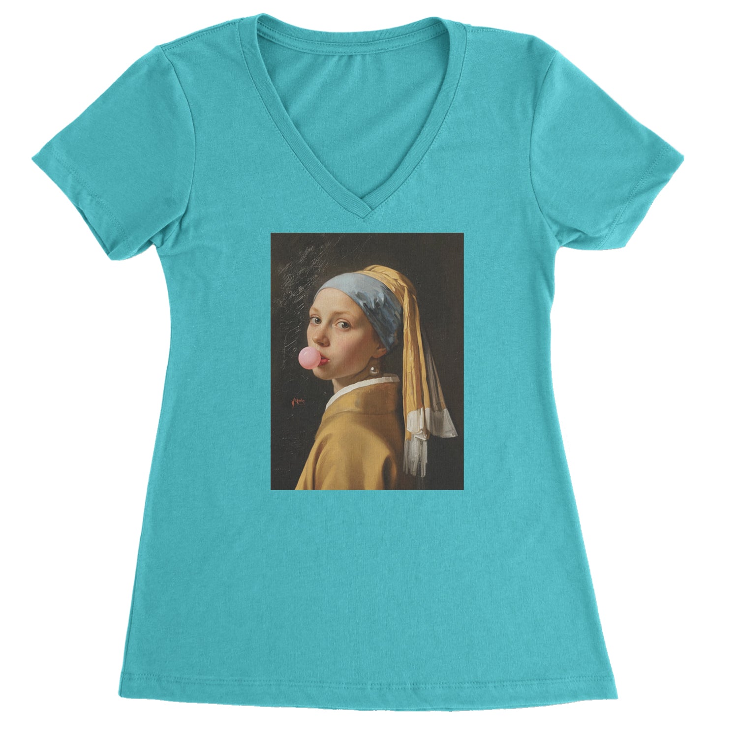 Girl with a Pearl Earring Bubble Gum Contemporary Art Ladies V-Neck T-shirt Surf