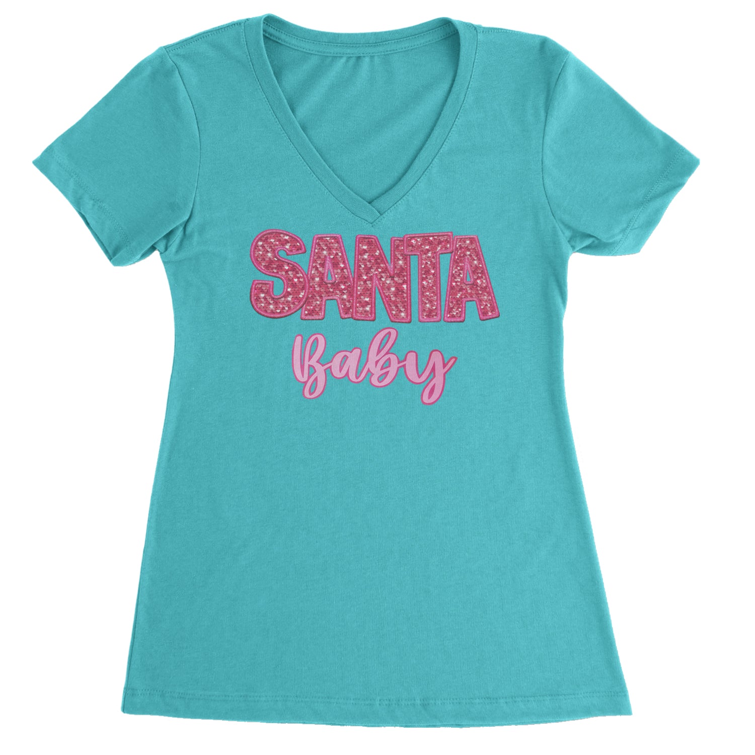 Santa Baby Faux Patch and Sequins Ladies V-Neck T-shirt Surf