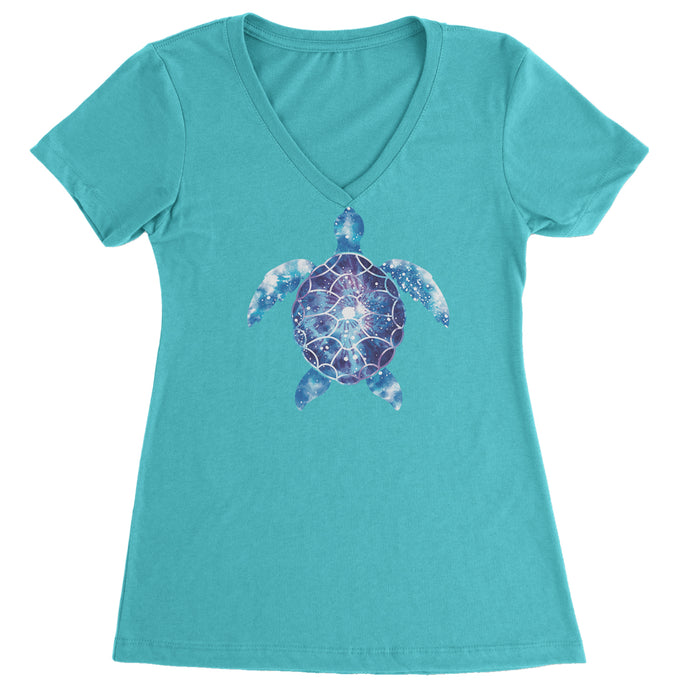 Ocean Aura Tie-Dye Sea Turtle Ladies V-Neck T-shirt