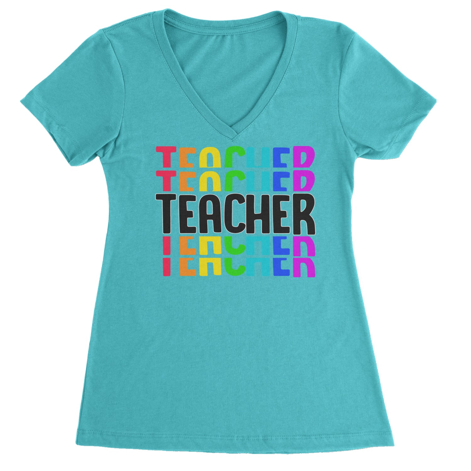 Teacher Repeated Rainbow Pattern Ladies V-Neck T-shirt Surf