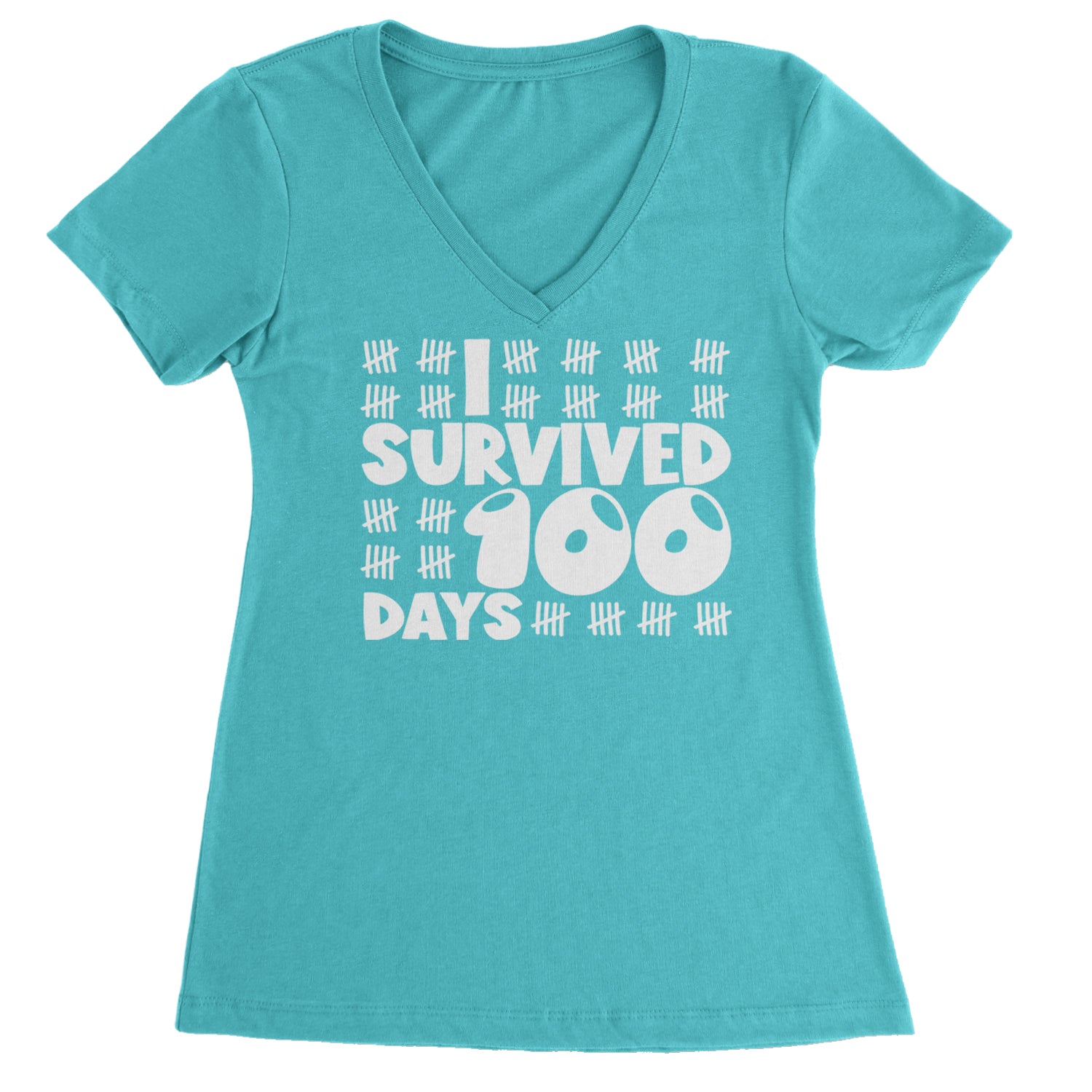 I Survived 100 Days Tally Marks Ladies V-Neck T-shirt Black