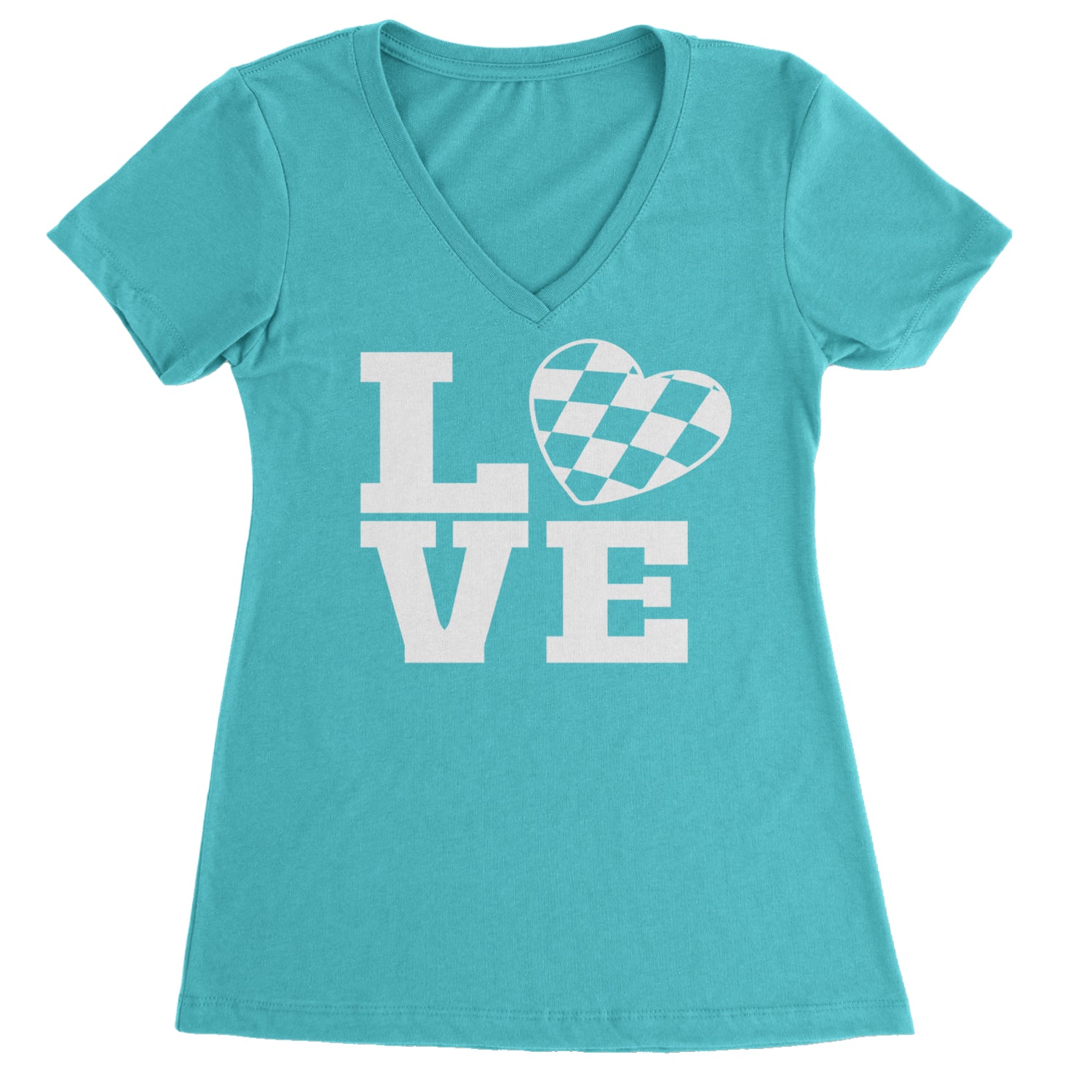 Love Racing Checkered Flag Heart Ladies V-Neck T-shirt Black