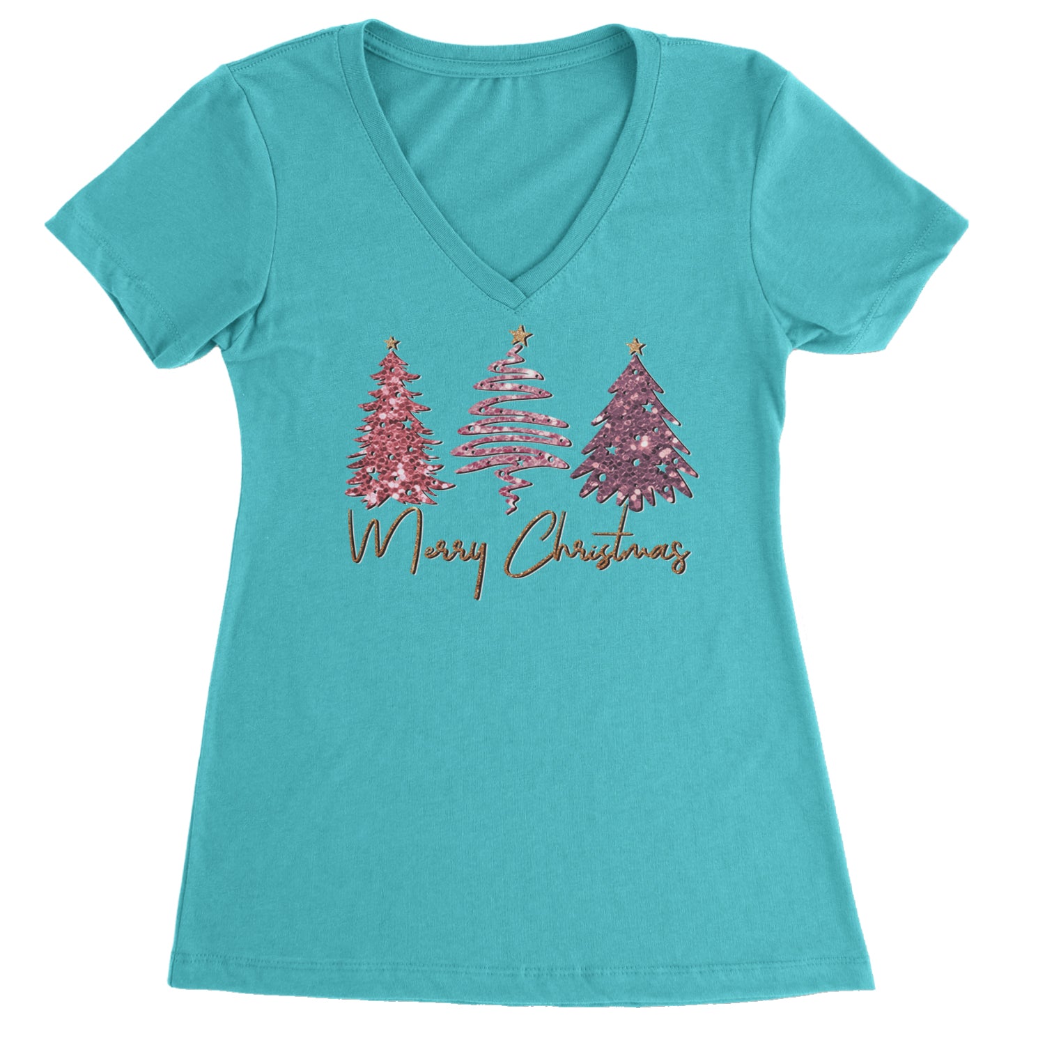 Merry Christmas Faux Glitter Trees Ladies V-Neck T-shirt Surf