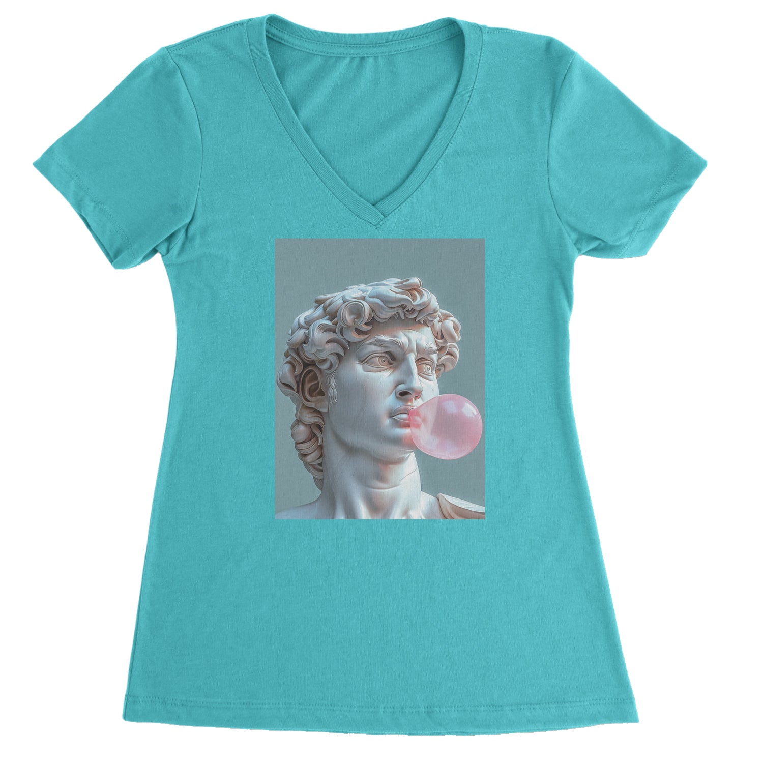 Michelangelo's David with Bubble Gum Contemporary Statue Art Ladies V-Neck T-shirt Surf