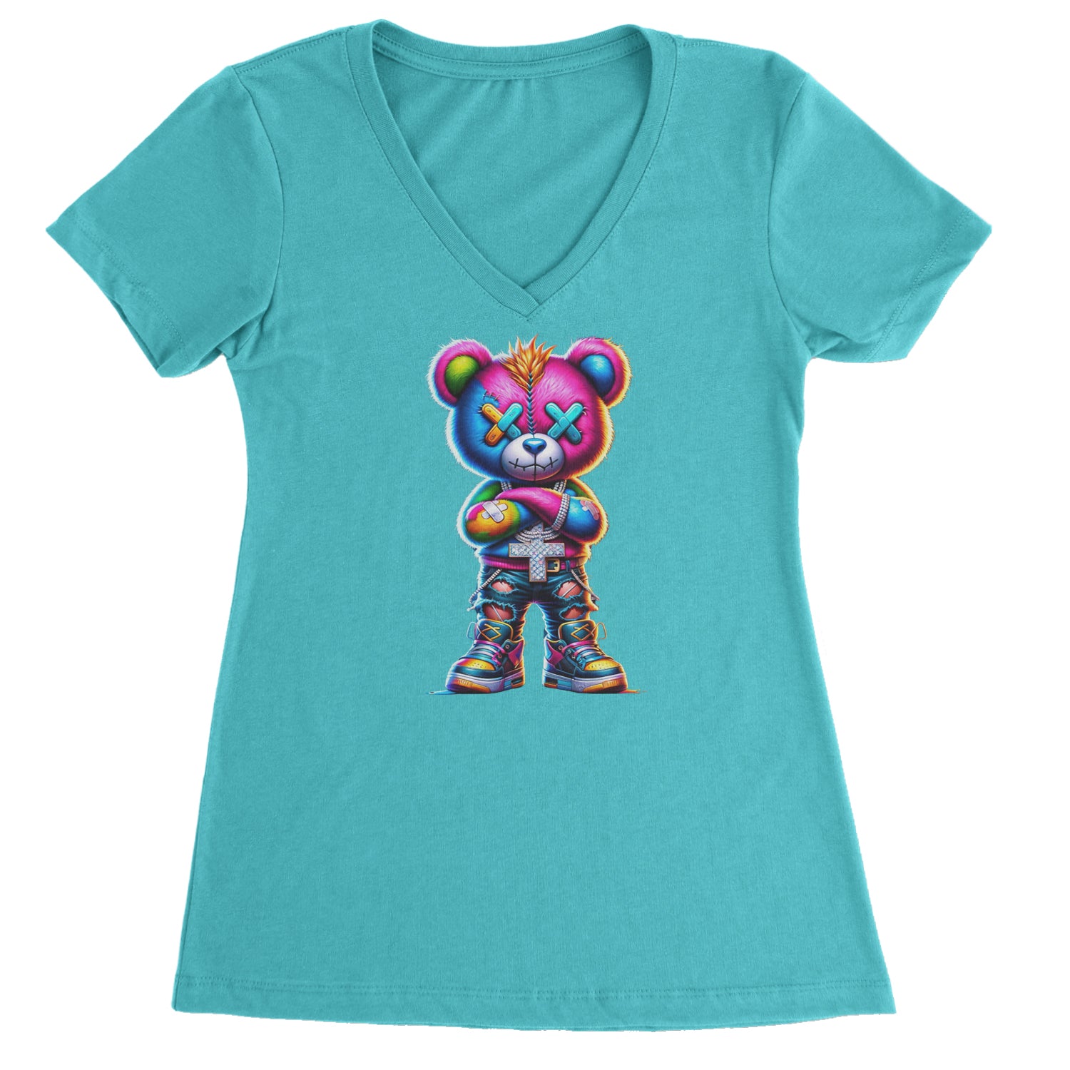Stitched Neon Urban Graffiti Bear Ladies V-Neck T-shirt Surf