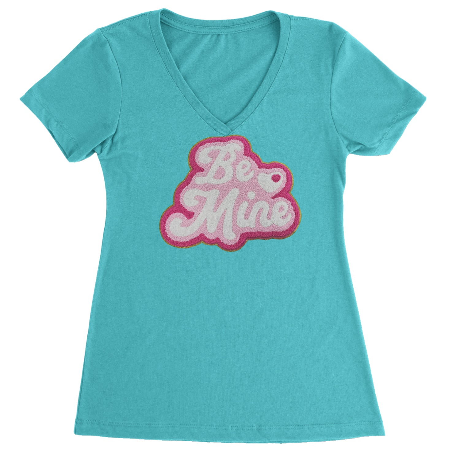 Be Mine Chenille Patch Valentines Days Ladies V-Neck T-shirt Surf