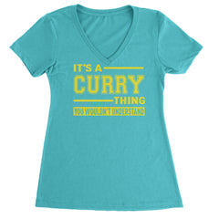 Varsity-style basketball humor text with stripe accents in bright blue and yellow on a Women's Lightweight V-Neck T-Shirt