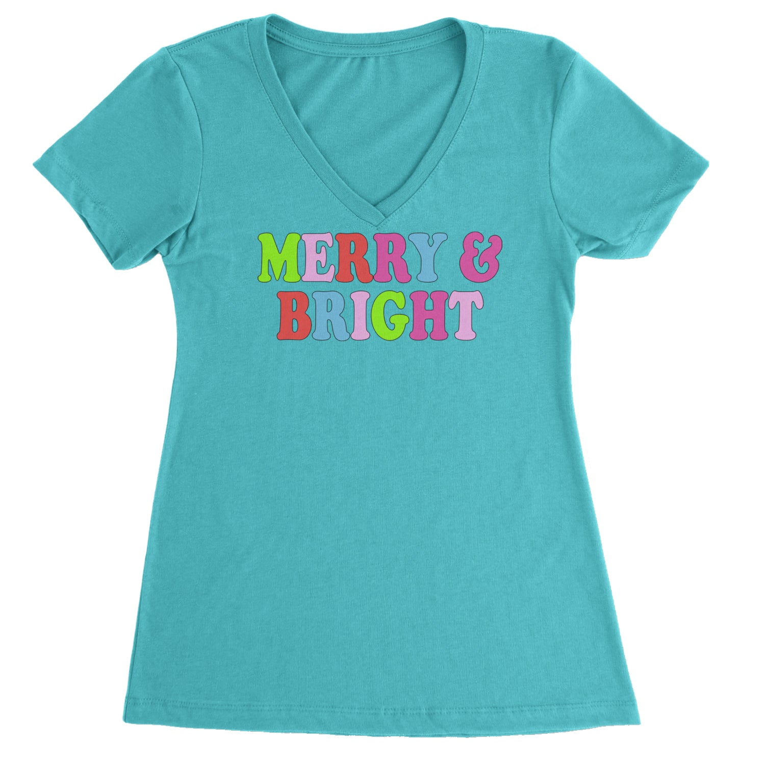 Merry and Bright Festive Christmas Holiday Ladies V-Neck T-shirt Surf