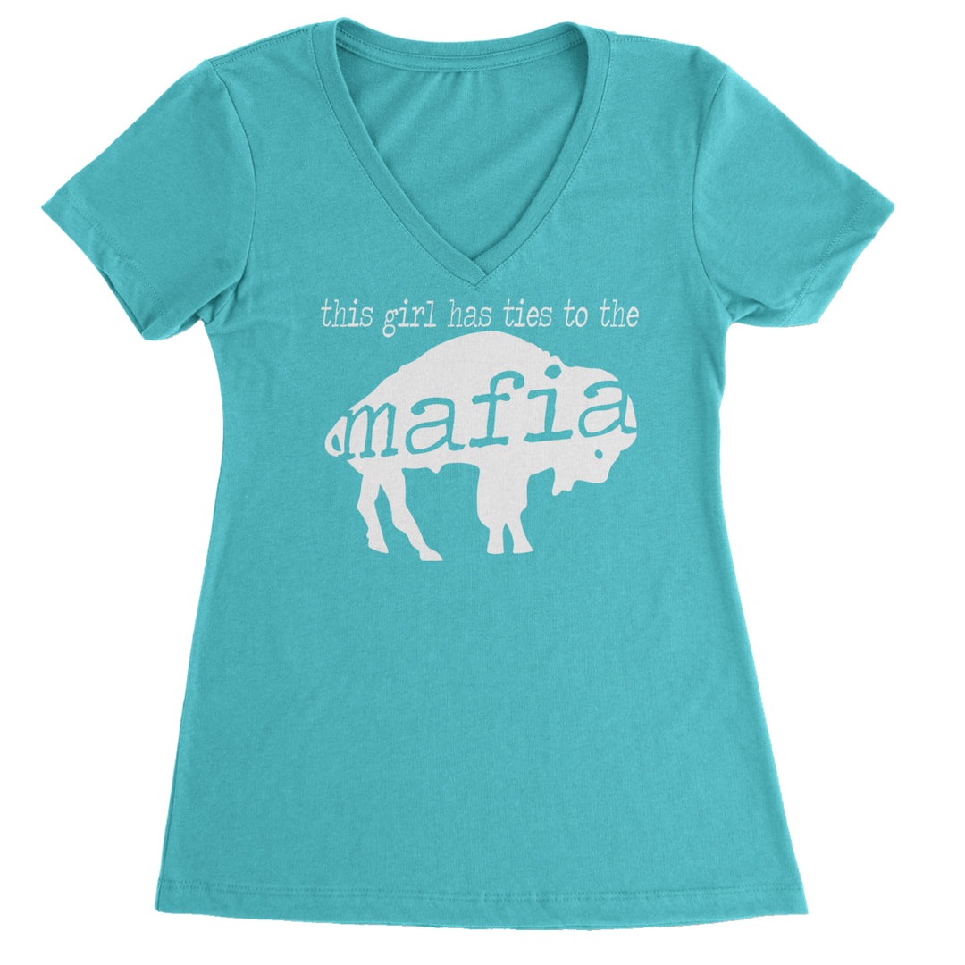 Women's lightweight V-neck T-shirt with buffalo silhouette graphic and "this girl has ties to the mafia" text