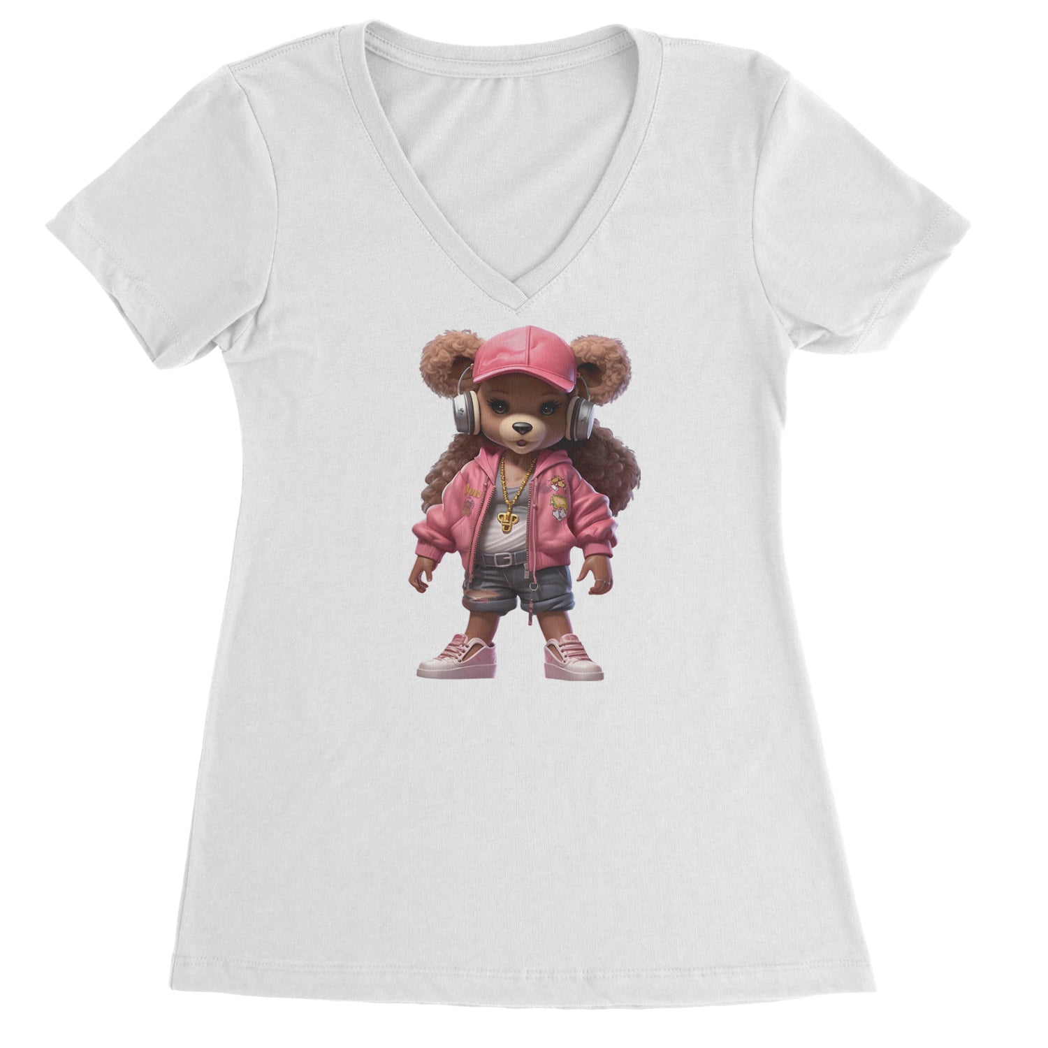 Pink Female Urban Graffiti Bear Ladies V-Neck T-shirt Black