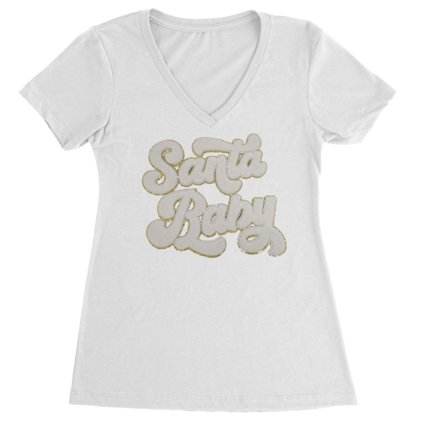 White Santa Baby Chenille Patch Ladies V-Neck T-shirt Black