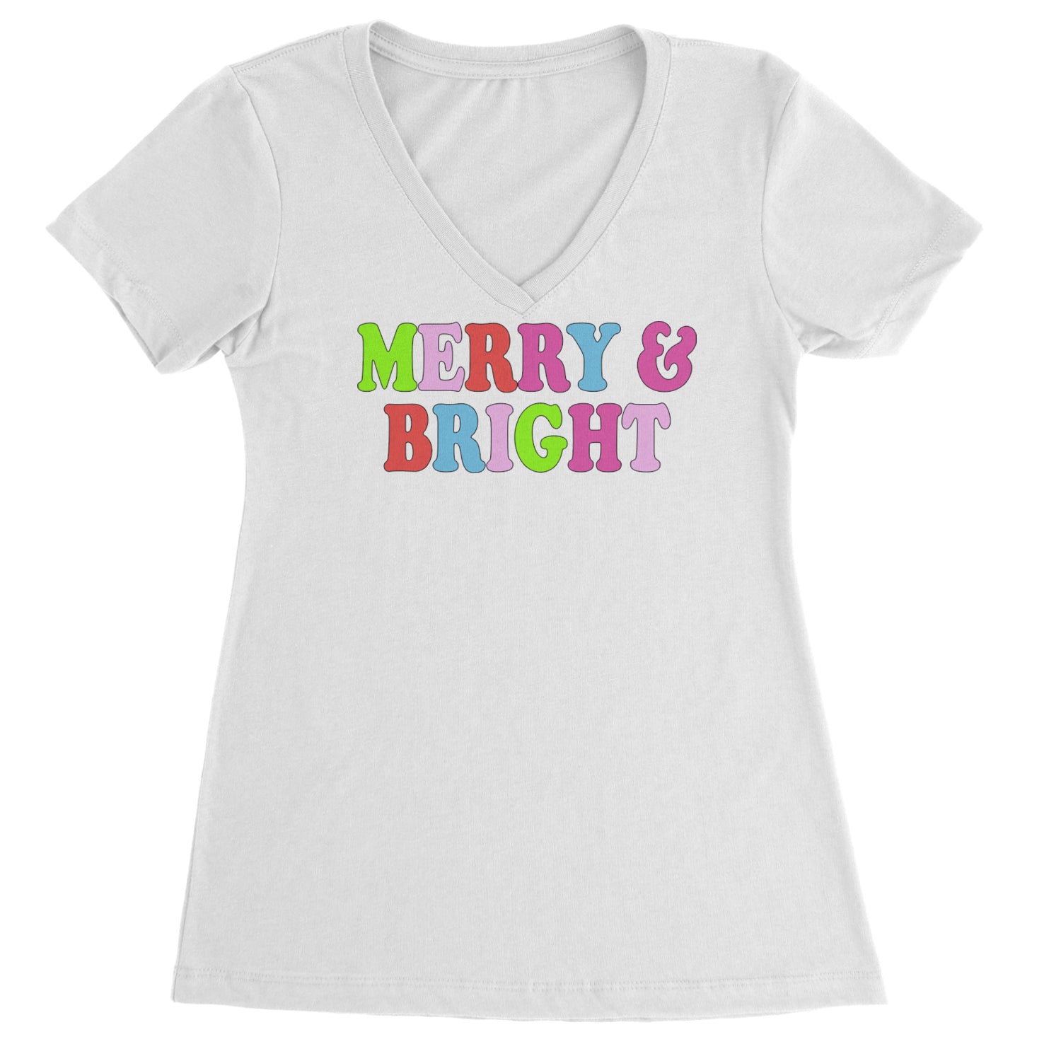 Merry and Bright Festive Christmas Holiday Ladies V-Neck T-shirt White