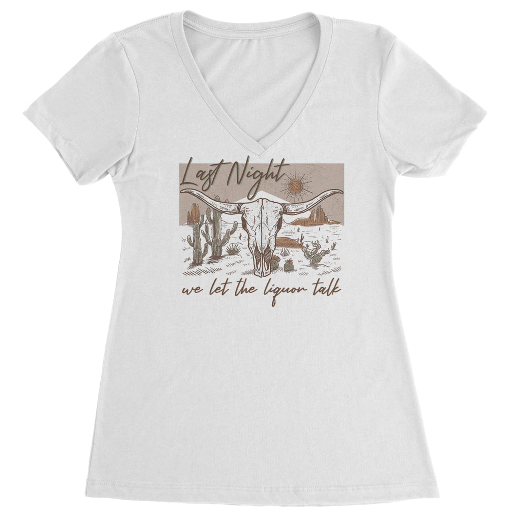 Women's lightweight V-neck T-shirt with Western longhorn skull, cacti, and sunburst desert graphic and lyric-style wording