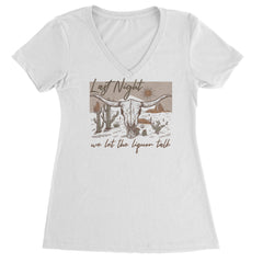 Women's lightweight V-neck T-shirt with Western longhorn skull, cacti, and sunburst desert graphic and lyric-style wording