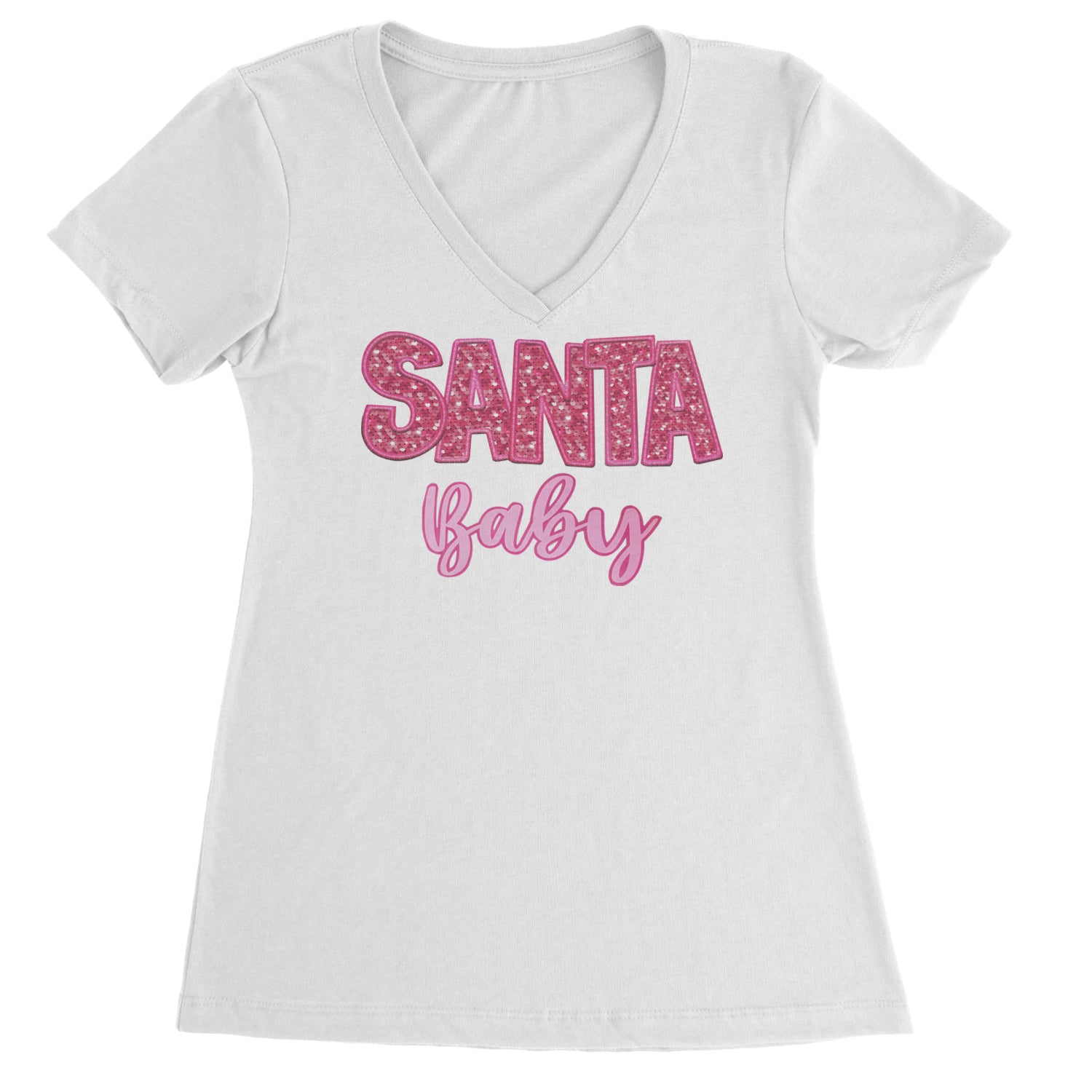 Santa Baby Faux Patch and Sequins Ladies V-Neck T-shirt White