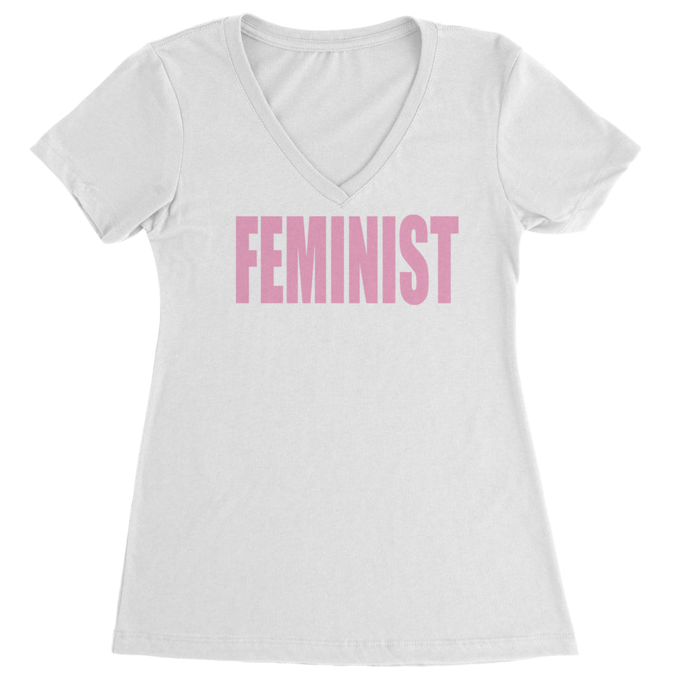 Feminist (Pink Print) graphic on Women's Lightweight V-Neck T-Shirt in White