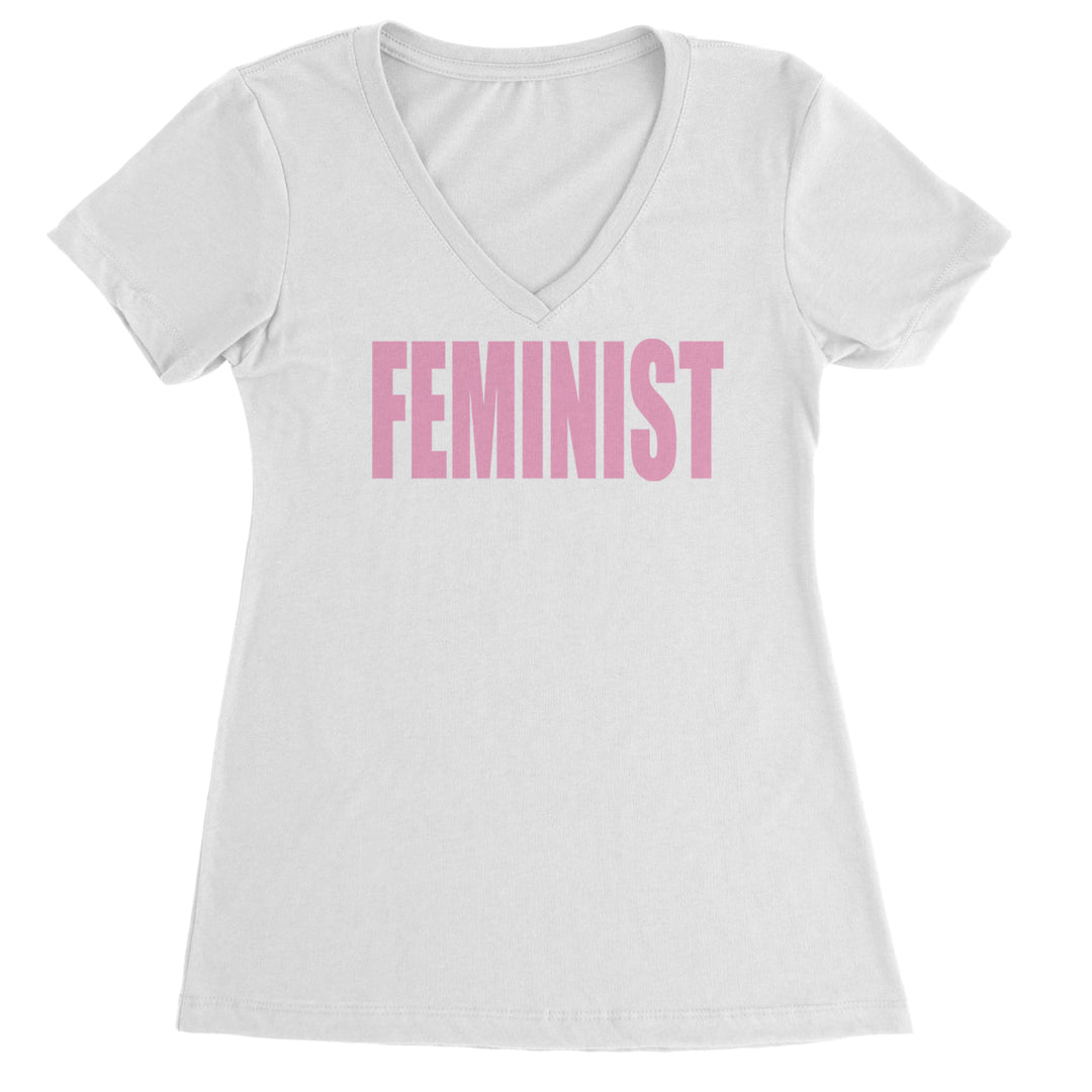 Feminist (Pink Print) Ladies V-Neck T-shirt White