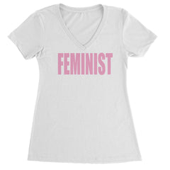 Feminist (Pink Print) Ladies V-Neck T-shirt White