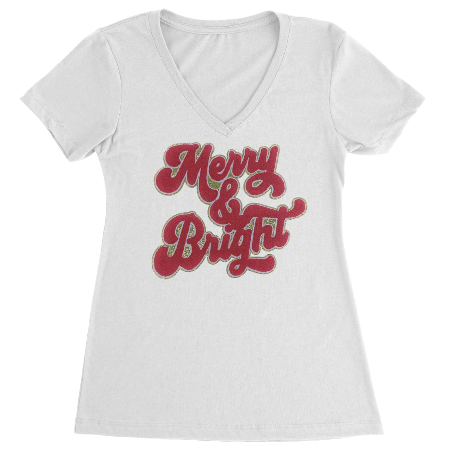 Merry & Bright Chenille Glitter Ladies V-Neck T-shirt Black