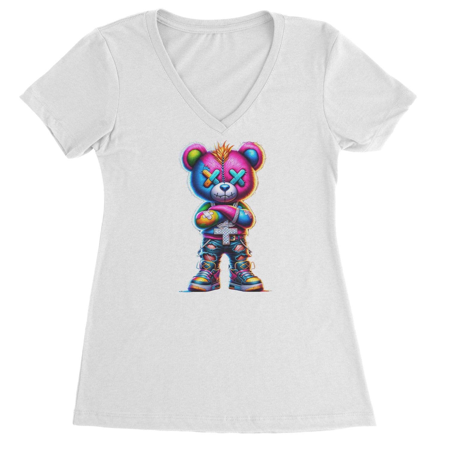 Stitched Neon Urban Graffiti Bear Ladies V-Neck T-shirt Black