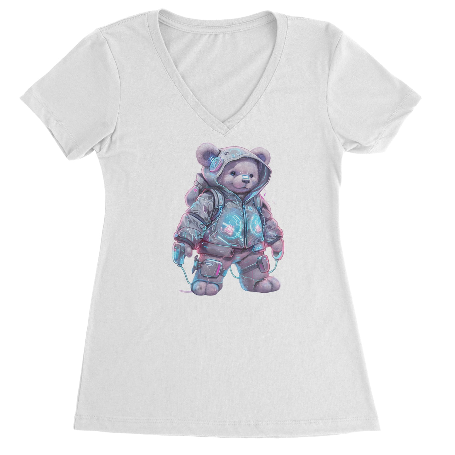 Cyberpunk Adventure Urban Graffiti Bear Ladies V-Neck T-shirt Black