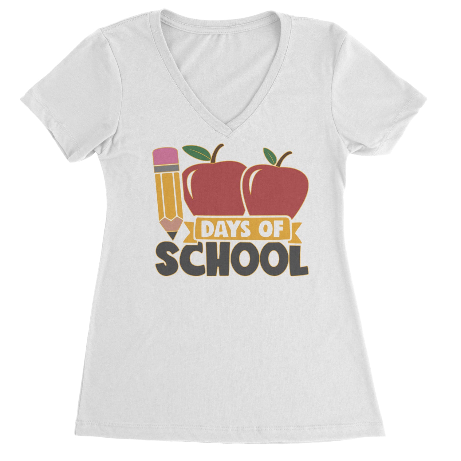 100 Days Of School Apple Pencil Ladies V-Neck T-shirt White