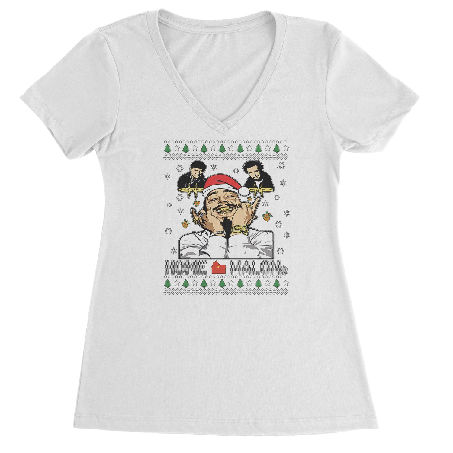 Home Malone Ugly Christmas Ladies V-Neck T-shirt White