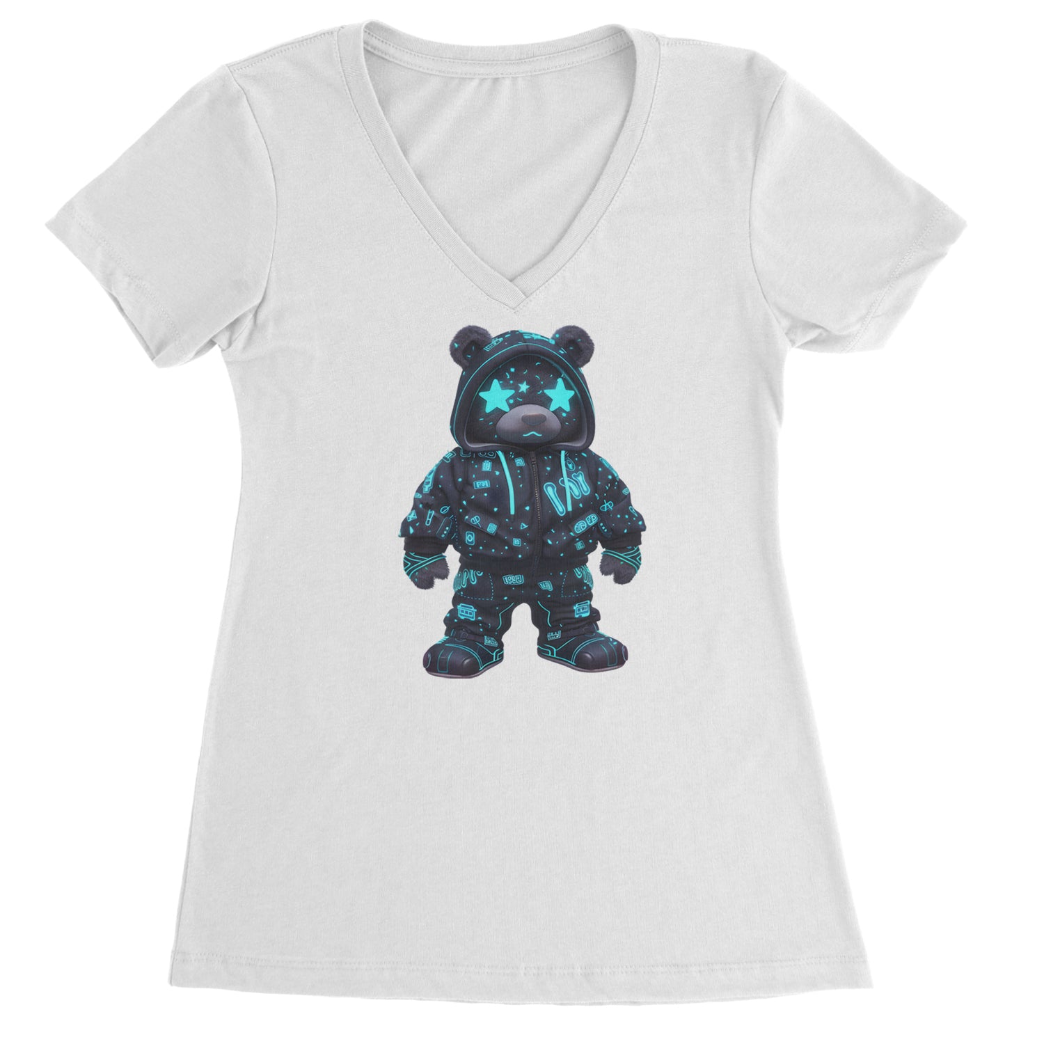 Starry Eyed Vaporwave Urban Graffiti Bear Ladies V-Neck T-shirt Black