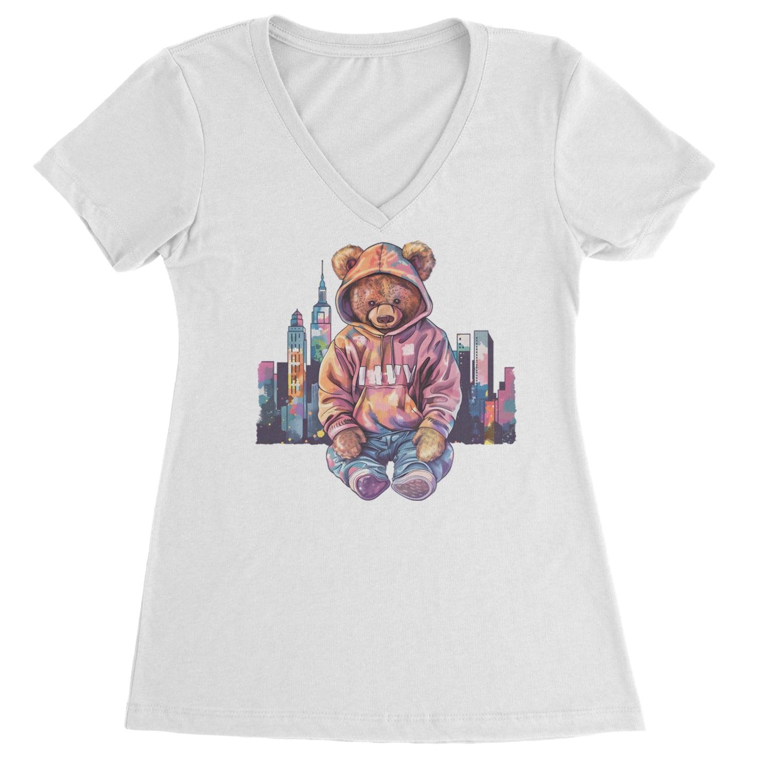 City Skyline Urban Graffiti Bear Ladies V-Neck T-shirt Black