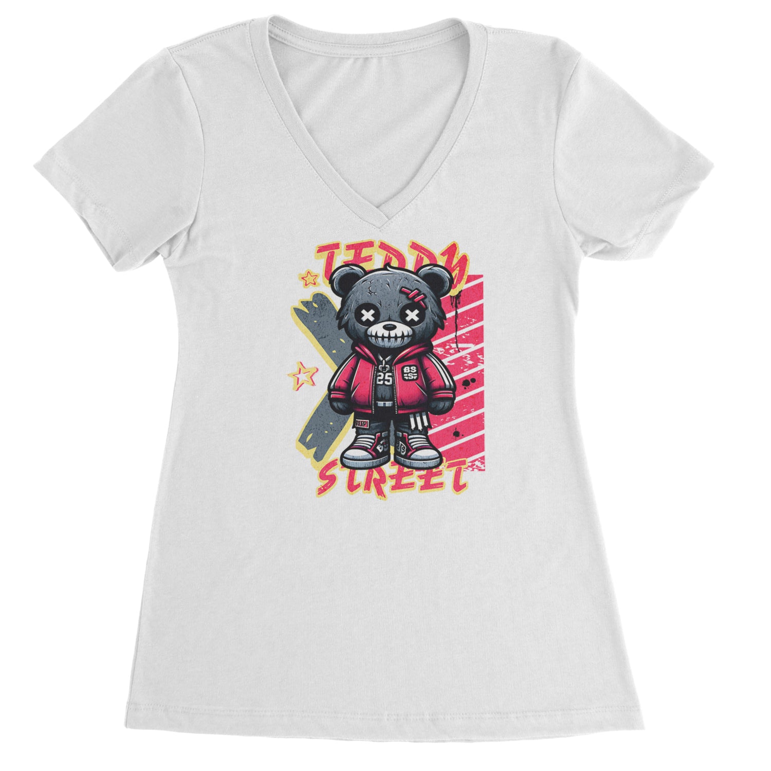 Teddy Attitude Urban Graffiti Bear Ladies V-Neck T-shirt Black