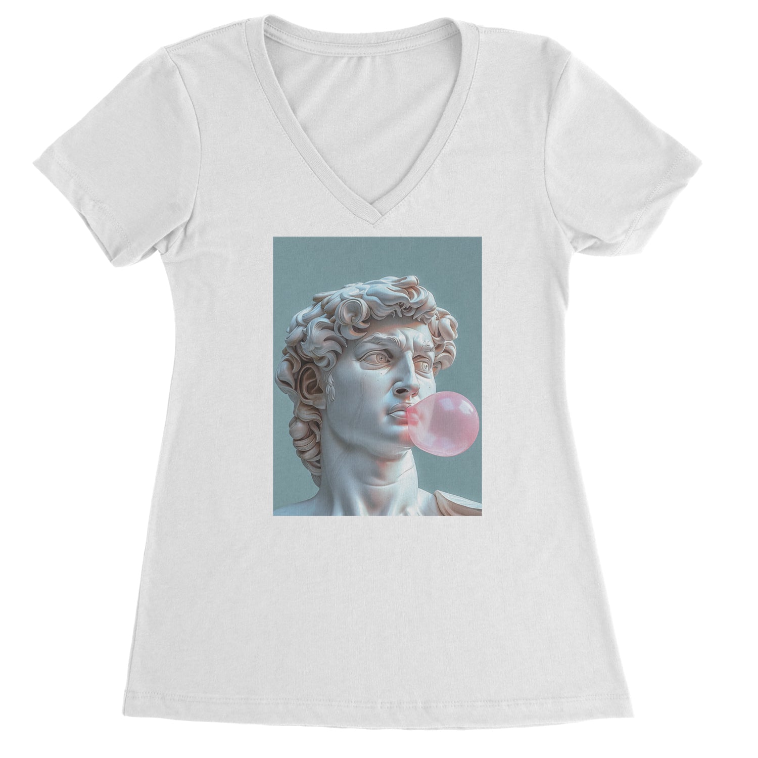 Michelangelo's David with Bubble Gum Contemporary Statue Art Ladies V-Neck T-shirt White