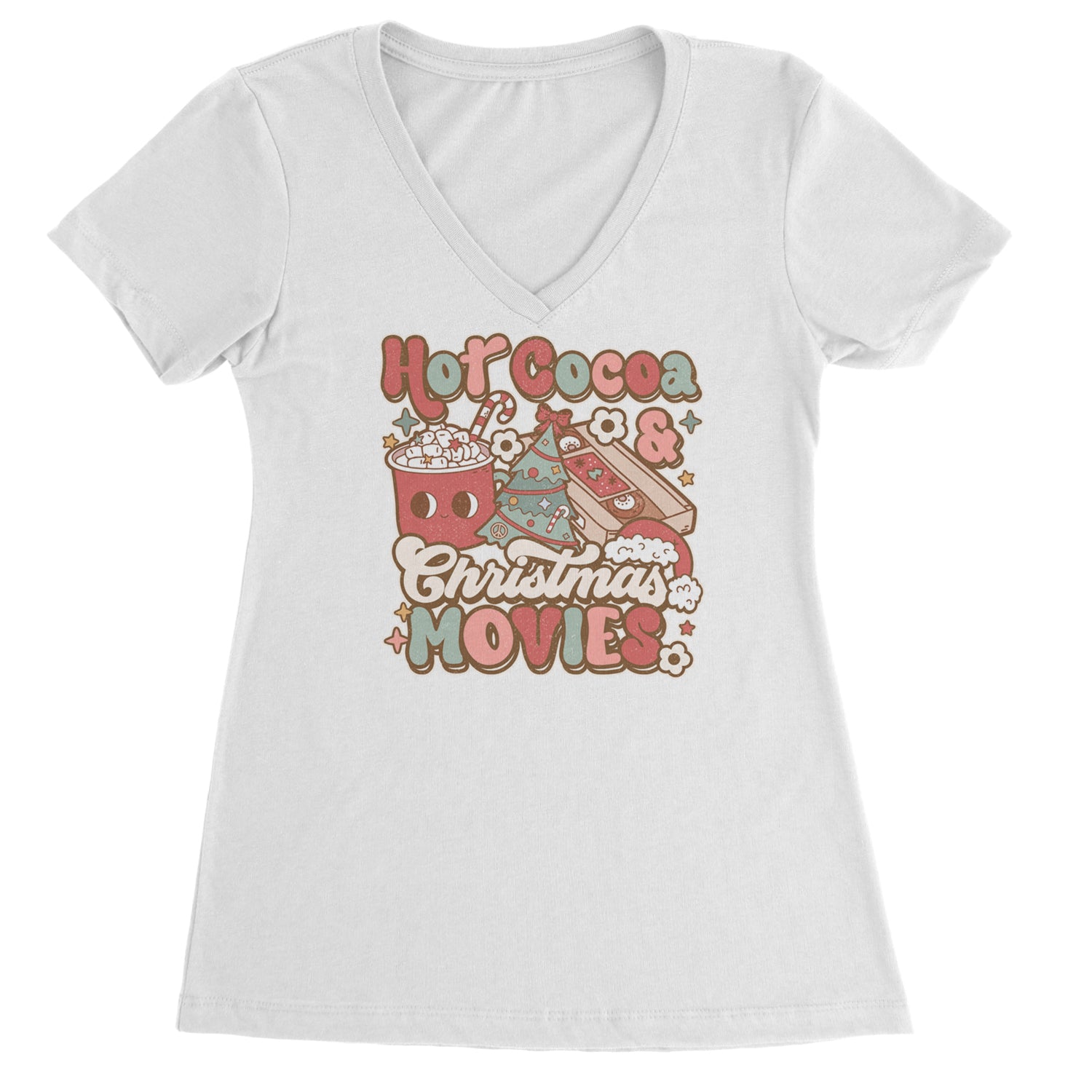 Hot Cocoa And Christmas Movies Holiday Ladies V-Neck T-shirt White