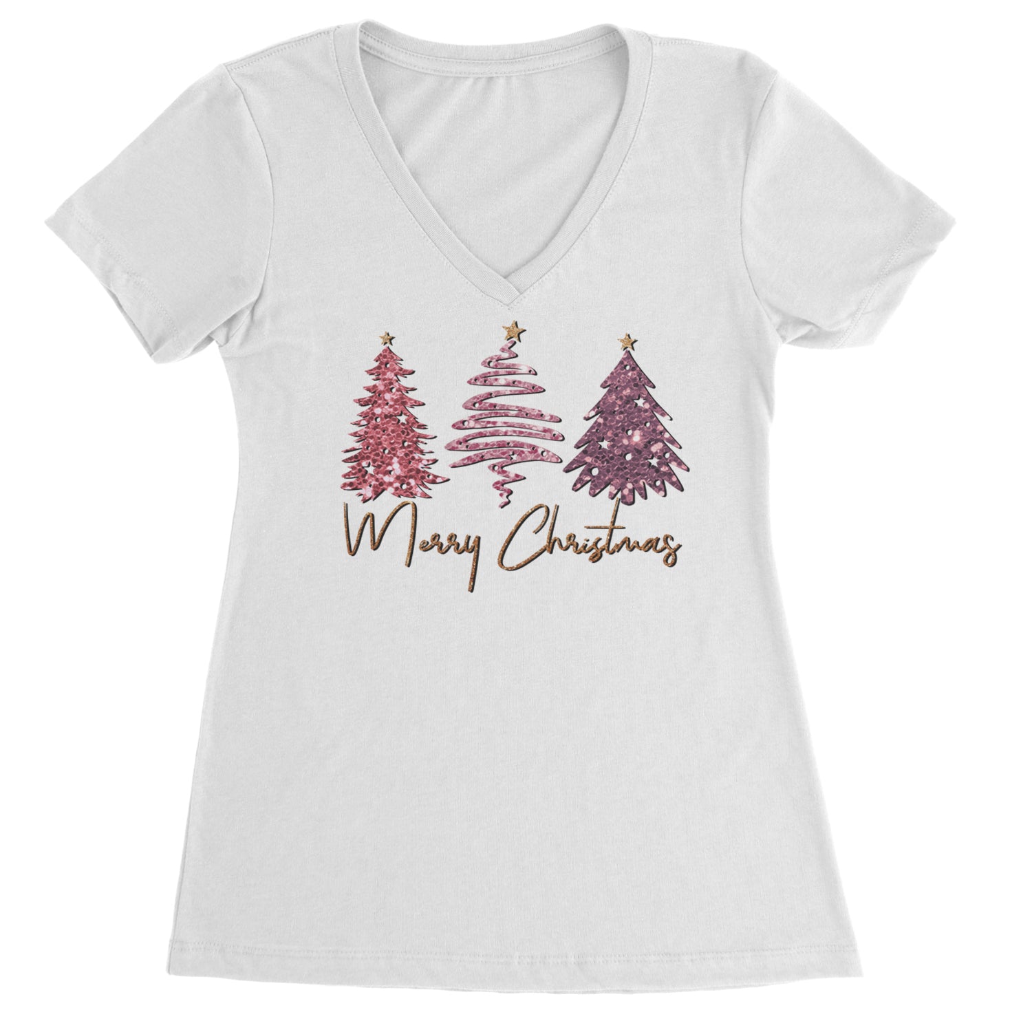 Merry Christmas Faux Glitter Trees Ladies V-Neck T-shirt White