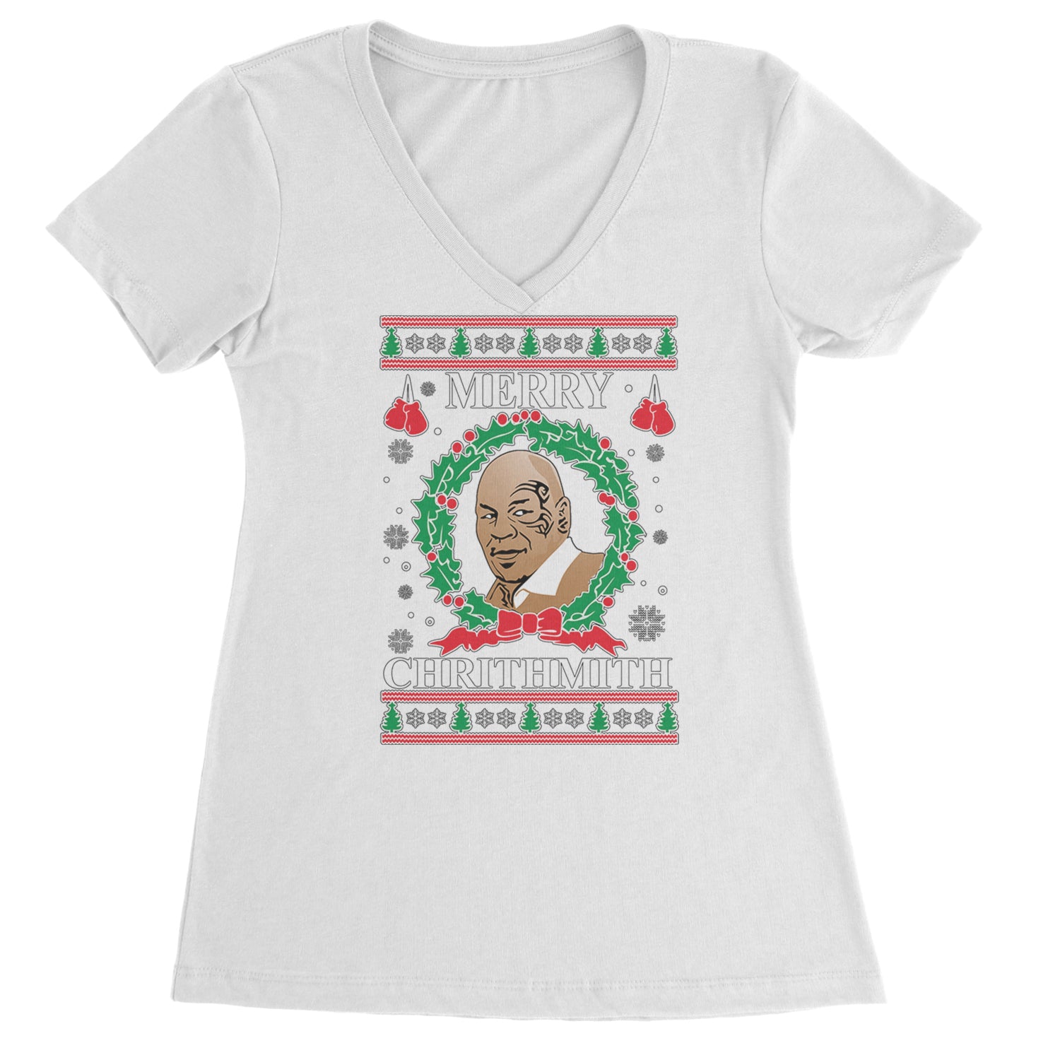 Merry Chrithmith Ugly Christmas Ladies V-Neck T-shirt White